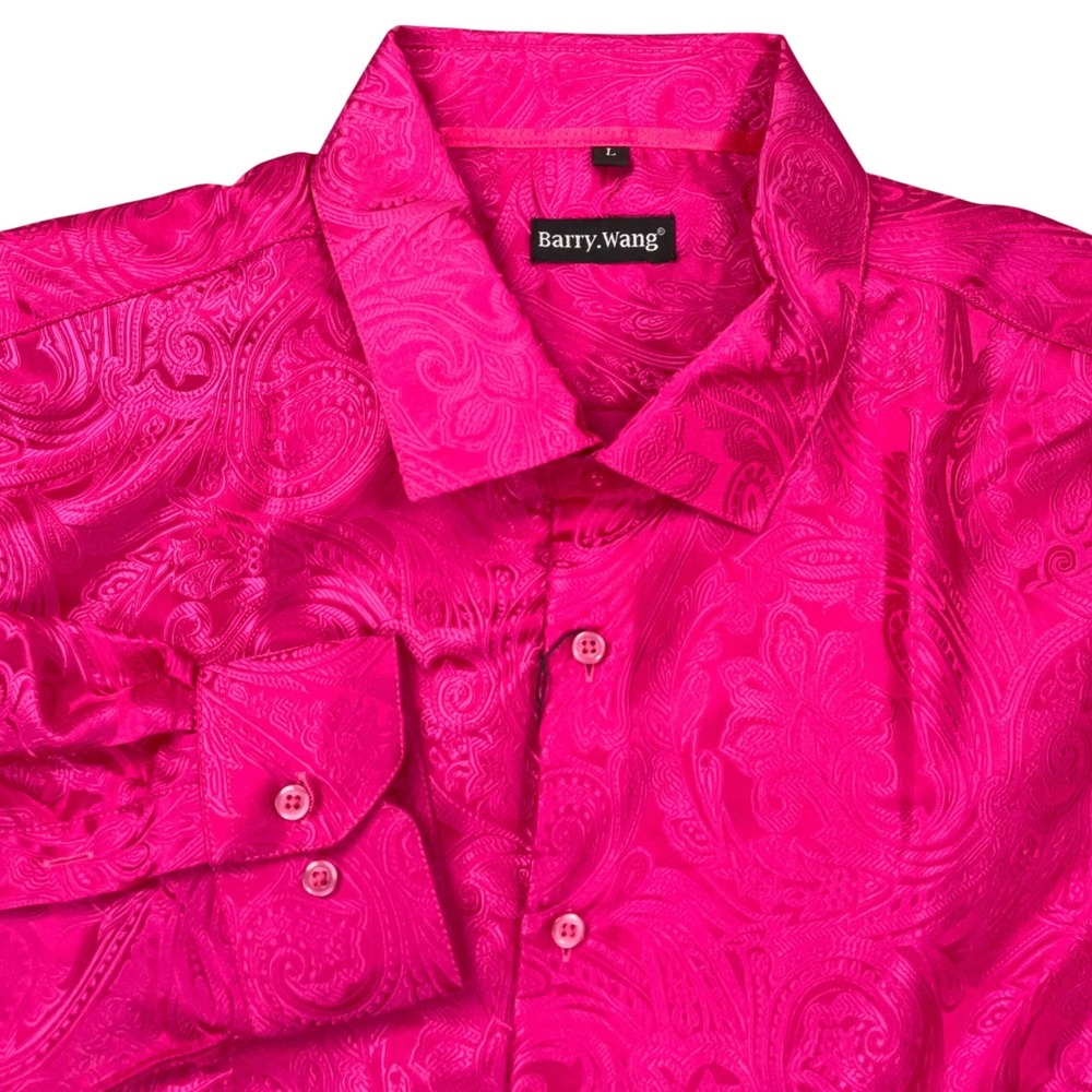 Barry Wang Shirt Mens L Magenta Pink Paisley Silk Jacquard Luxe
